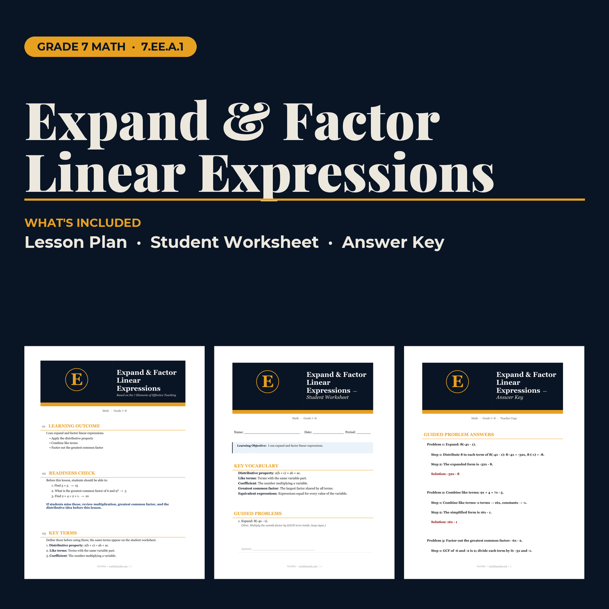 Expand & Factor Linear Expressions | No-Prep Lesson, Worksheet & Answer Key thumbnail