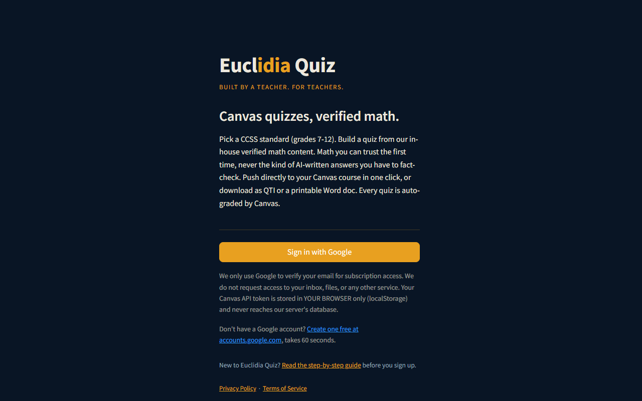 canvas.euclidiamath.com sign-in page showing the Euclidia Quiz wordmark, tagline, intro paragraph, and a gold Sign in with Google button