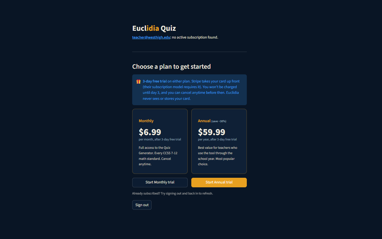 Choose a plan page showing two pricing cards side by side: Monthly $6.99 and Annual $59.99 with Save ~30% badge, plus a Start trial button under each