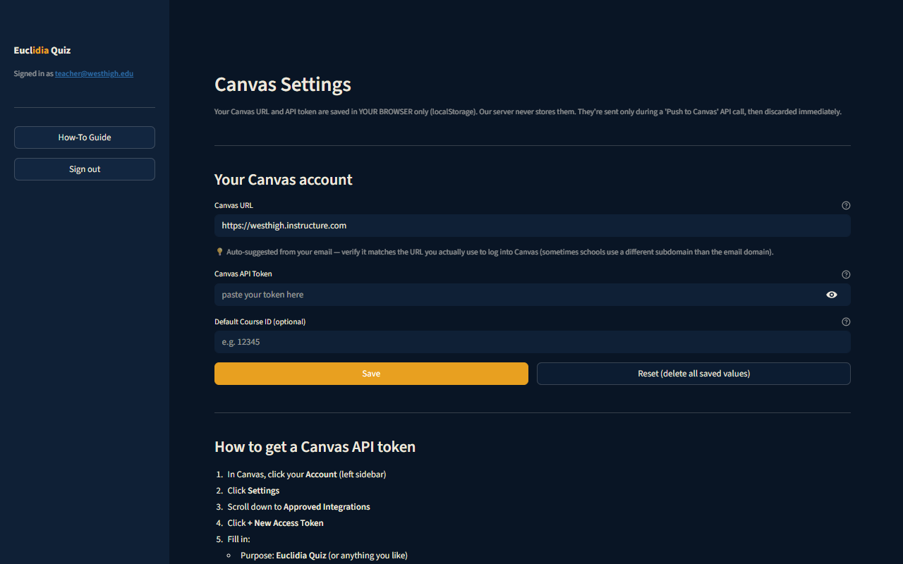Euclidia Quiz Canvas Settings page showing three input boxes: Canvas URL pre-filled with the school subdomain, an empty Canvas API Token field, an empty Default Course ID field, and a gold Save button