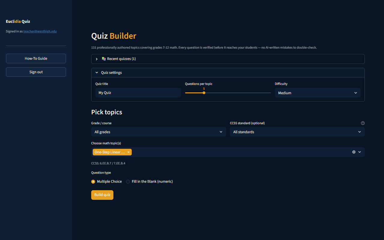 Quiz Builder page with Quiz settings expanded showing a Quiz title field, Questions per topic slider set to 5, and Difficulty dropdown set to Medium. Below: Pick topics with All grades and All standards dropdowns, a single selected topic chip One-Step Linear Equations, the CCSS code 6.EE.B.7 / 7.EE.B.4 shown, and a Question type radio with Multiple Choice selected, plus a gold Build quiz button