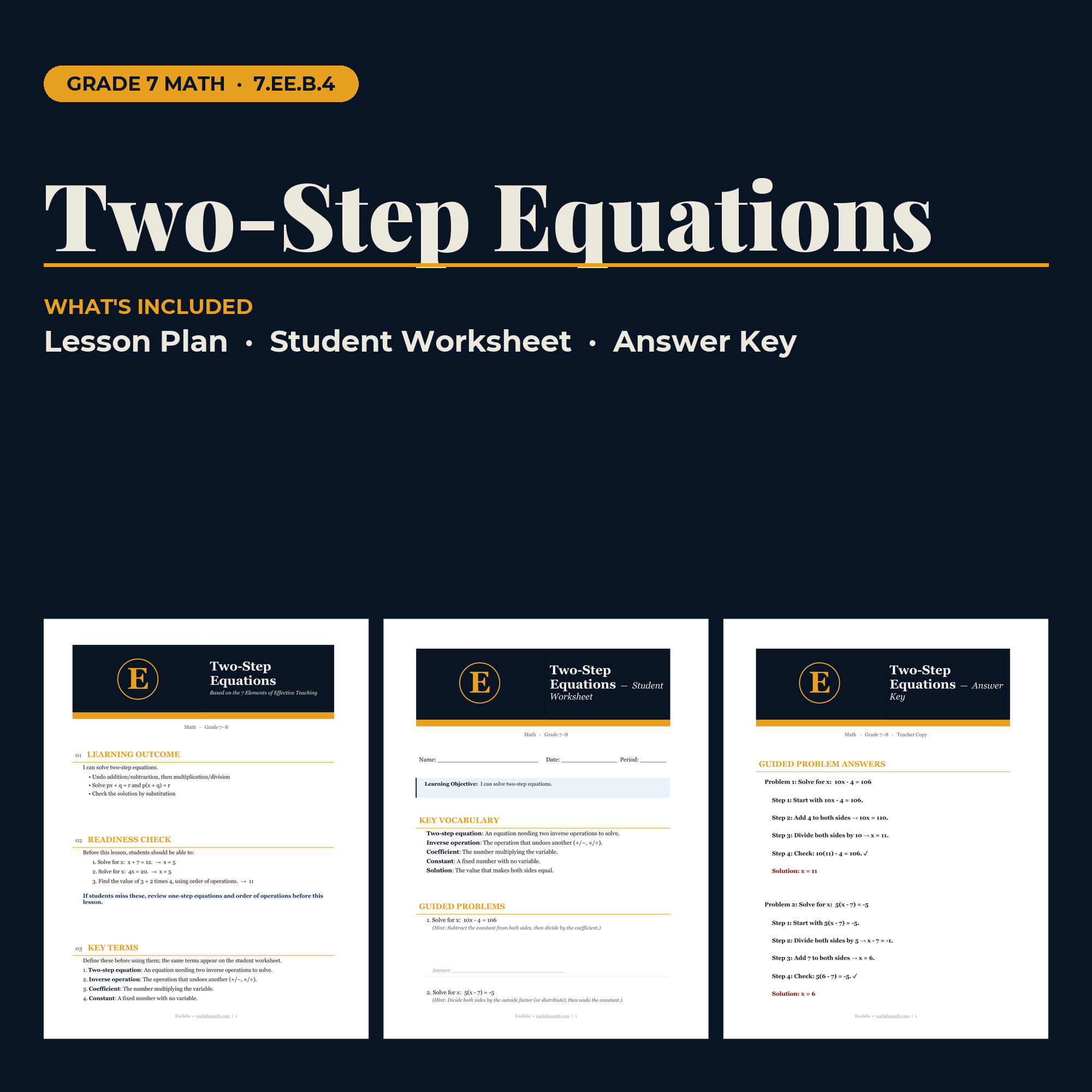 Two-Step Equations | No-Prep Lesson, Worksheet & Answer Key thumbnail